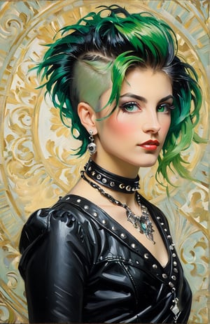A striking oil painting capturing the essence of an elegant and magnificently proportioned Parisian socialite, dressed as a nineties teenager, punk rock chick, spiky green hair, Black leather, tattoos, piercings, choker, metal pins, With inspiration drawn from the masterful works of John Singer Sargent, Alphonse Mucha, Klimt, and Vincent Van Gogh, this portrait exudes artistic brilliance. The subject's alluring beauty is evident in her delicate features, flawlessly rendered by the artist. The expertly applied brushstrokes reveal intricate details, from her lustrous hair to the mesmerizing depth of her enchanting eyes. Every stroke of vibrant color breathes life into her radiant complexion, accentuating the subtle contours of her face. This captivating masterpiece enraptures viewers, serving as a testament to the timeless allure and grace of the Parisian elite and nineties punk rock era.,sargent,v0ng44g