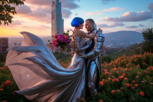 (A futuristic romantic scene) featuring (a man in sleek, high-tech armor) lifting (a woman in a flowing metallic silver dress). (Her short blue hair) flutters as she smiles, holding (a bouquet of glowing neon flowers). The background displays (a futuristic cityscape) with (tall illuminated skyscrapers, flying vehicles, and holographic billboards). The scene is set during (a sunset), casting (vibrant colors reflecting off chrome surfaces), creating a mix of (warm and cool tones).

The setting is outdoors in a lush, colorful garden full of blooming flowers. In the background, a tall castle stands on a hill, adding to the medieval, storybook atmosphere. The surrounding landscape consists of rolling hills and distant valleys, creating a peaceful and dreamy mood.

The overall tone of the image is celebratory, romantic, and timeless, evoking feelings of love and fantasy.

, emotive humane photography, rich colors, analog film, film grain, kodachrome, intricate details, insanely detailed, natural lighting, 8k, hdr, masterpiece, award winning photography, Fine art photography style, film photography style.
The overall composition has a cinematic, feel, blending the nostalgia of classic paintings with every day life. flfmt
