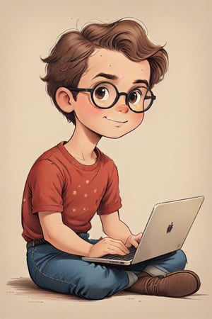 vintage comic book ((illustration)), 
(Brown-haired guy with a round face, wearing round glasses, sitting down, ((holding a laptop on one hand)), and ((typing with the other hand))) in a (mid-20th-century cartoon illustration style). The male character has (simple, stylized features) with (small dot eyes and a gentle smile), wearing a red shirt and blue jeans pants. The hair is (brown, represented with simple, playful shapes). The boy appears (joyful and innocent), with a (retro aesthetic reminiscent of 1950s and 1960s children's book illustrations). The background is (minimalistic, focusing on the character) with (flat, solid colors typical of offset printing). The overall mood is (cheerful and nostalgic), capturing the (essence of vintage children's illustrations). rubber_hose_character, children's picture books,, detailed gorgeous face, exquisite detail, ((full body)), 30-megapixel, 4k, Flat vector art, Vector illustration, Illustration, ,,rubber_hose_character,,vintagepaper,,,,,,,,<lora:659095807385103906:1.0>