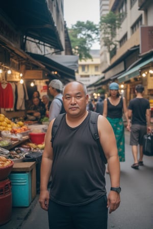 A middle-aged uncle in Malaysia, with a round belly and a shiny head, wearing a sleeveless top and rolled-up pants, carrying a backpack. He's surrounded by people buying goods from street vendors. The scene is shot from the vendor's perspective, blurred to emphasize the activity. In the background, bustling streets are filled with stalls selling fresh fruits, clothes, and souvenirs. Capture this vibrant scene in stunning 8K resolution, with a wide-angle lens that takes in every detail of the busy marketplace.,flmft