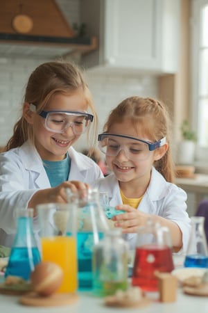 A bright, engaging scene of a family in a KITCHEN, where two EUROPEAN children, 1girl , 1boy, are conducting fun science experiments together. The childs are wearing lab coats and goggles, smiling while mixing colorful chemicals in test tubes. The background features science equipment like beakers, magnifying glasses, and a model of the solar system. The atmosphere is playful and educational, with natural light flooding the room. Colors should be vibrant, with a focus on blues, greens, and yellows, emphasizing curiosity, learning, and family bonding. high-resolution photography, stock photo precise, homemade , analog, cell phone cameras