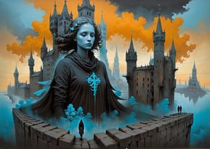 Zdzislaw Beksinski style, the mystical allure of 'Angelarium' with the underground edge of graffiti culture. A serene entity floats above an abandoned cityscape, where the walls are canvases of expressive street art. In a dynamic aerial pose, the character's clothing ripples with patterns reminiscent of Escher's impossible constructions, set against a backdrop that fades from industrial grays to the vibrant hues of a graffiti masterpiece. Colors range from brown and orange to yellow with cyan accents 