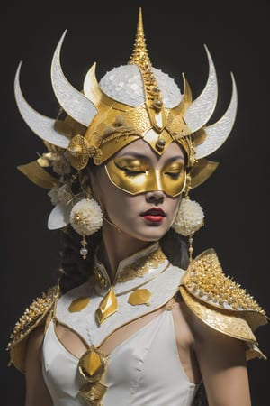a person in an elaborate costume with a decorative, gold-hued headpiece that features organic, honeycomb-like patterns with spikes protruding outward. The individual has a fair complexion, with hair partially obscured by the headpiece and a mask covering their eyes. The costume is predominantly white, adorned with gold chains and accents, suggesting a regal or ceremonial attire. They appear thoughtful, with a finger resting on their cheek and an elbow propped on a surface that reflects the figure's silhouette. The lighting is soft, coming from the left side, casting subtle shadows and giving the scene an ethereal ambiance.,