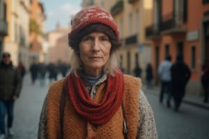 Photography in (steve mccurry style), a stereotypical Irish woman, classic clothes,  cultural portrait, emotive humane photography, rich colors, analog film, film grain, kodachrome, intricate details, insanely detailed, natural lighting, 8k, hdr, masterpiece, award winning photography, Fine art photography style, film photography style. ((Very wide view, standing on the street in Italy, some people and cars, pedestrians, or cyclists in background)). Very sharp, very high depth of field. High dof.
The overall composition has a cinematic, feel, blending the nostalgia of classic paintings with every day life. flfmt
