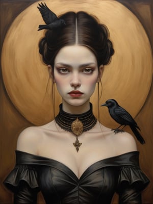 image is an ((oil painting on canvas)) depicting a portrait of a young goth woman with a (neutral expression), style of Leonardo da Vinci and rene Magritte. She has (dark hair) adorned with what appears to be a (black bird) with its wings spread. Her skin is pale, highlighted with touches of gold and brown, which match the (golden-brown textured background) that has an abstract quality. The woman's eyes are large and soulful, gazing directly at the viewer. She is wearing a (black dress) with a (choker), legs in stockings. The painting has a rustic yet elegant feel, with very broad expressive brushstrokes and visible canvas texture that add to the artistry of the work. steampunk, gothic portrait, painted in the style of esao andrews