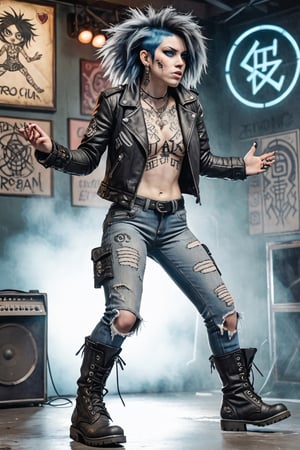 Detroit Rock Band Frontwoman: Dive bar, performing live, jet-black messy hair, piercing blue eyes, pale skin with tattoos, intense stance, leather jacket, ripped jeans, combat boots.,
Nordic runes, epic light,Ukiyo-e