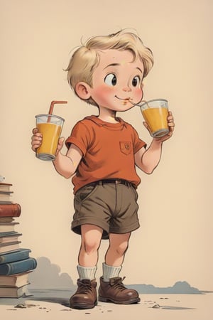 vintage comic book ((illustration)), by ((Milton caniff)),
(Blond-haired child with a round face, drinking from a glass with a yellow beverage through a straw) in a (mid-20th-century cartoon illustration style). The character has (simple, stylized features) with (small dot eyes and a gentle smile). The hair is (brown and blond, represented with simple, playful shapes). The boy appears (joyful and innocent), with a (retro aesthetic reminiscent of 1950s and 1960s children's book illustrations). The background is (minimalistic, focusing on the character) with (flat, solid colors typical of offset printing). The overall mood is (cheerful and nostalgic), capturing the (essence of vintage children's illustrations). rubber_hose_character, children's picture books,, detailed gorgeous face, exquisite detail, ((full body)), 30-megapixel, 4k, Flat vector art, Vector illustration, Illustration, ,,rubber_hose_character,,vintagepaper,,,,,,<lora:659095807385103906:1.0>