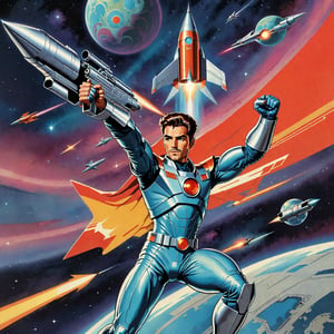 Minimalist painting of an old sci - fi character design, male character is in a dynamic pose, flying through space, stretching one arm out and up, clenching his fist, holding a grey silver space gun, vintage, retro, space age, comic cover, minimal design, tainted, worn, (faded:0.4), psy, sexy, carmen electra,girl,ohwx woman,patina metal skin, topless, upper body shot, rocket ship, on a planet,retro_rocket