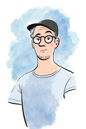 An editorial illustration of a guy, tmhrmns, dressed in a casual but chic outfit, close-up of his face and a bit upper body. 
The man wears a trendy tight t-shirt. He has a pair of stylish round dark-framed glasses perched on his nose, his body language absorbed in his work.
Mood:
Focused and calm, with a creative energy reflected in the soft lighting and pastel hues.
Era:
Contemporary.

Background:
Chaotic painted watercolor in pale blue watercolor, with monochrome soft tints color palette.

. Style of satoshi hashimoto, satomic.,tmhrmns