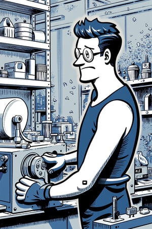 A cartoon illustration of a male machinist operating a lathe in a workshop. His eyes are narrowed in concentration as he precisely shapes a metal part.

Appearance:
The machinist wears a sleeveless work shirt, safety glasses, and gloves. His hands firmly grip the machine's controls, and his expression reflects deep focus. Sweat beads on his brow as he works in the heat of the shop.

Setting:
A busy machine shop with abstract lines depicting shelves filled with metal parts, various machines, and tools. The lathe is the centerpiece, casting shadows under the bright industrial lighting.

Mood:
Intense and meticulous, the scene captures the precision and skill required in metalworking.

Era:
Modern, though the lathe hints at traditional craftsmanship.

Perspective:
Profile view, showing the machinist's intense focus on the lathe, with metal shavings flying as he works.

Background:
Chaotic painted blob in dark steel blue and muted gray watercolor, with monochrome cool soft tints color palette.
. Style of satoshi hashimoto, satomic.