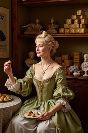 (A detailed 1770s scene of a woman inside a traditional Austrian Mozartkugel shop). The shop is rich with Mozart-themed decorations, featuring intricate portraits of Mozart and classical music notes painted on the walls. (Wooden shelves line the background, filled with gold and green packaging of Mozartkugel chocolates), showcasing the elegance and tradition of Austrian confectioneries. (The woman embodies 18th-century sophistication, her powdered hair styled in an elaborate updo, adorned with delicate ribbons and pearls.) She is dressed in a lavish rococo gown with fine embroidery, lace cuffs, and a cinched waist, representative of the aristocratic style of the time.

She is seated at a small, cozy table draped in a fine lace tablecloth, atop which rests a porcelain tea set and an ornate serving plate with more Mozartkugels. (In her hand, she delicately holds a piece of the famous chocolate, her fingers daintily gloved in white silk.) Her expression is one of delight and indulgence, as she prepares to savor the chocolate, her lips curved in subtle enjoyment. The (lighting is warm and golden, casting soft, inviting shadows around the room, giving the shop a romantic and cozy atmosphere). (Behind her, the shelves are filled with beautifully wrapped chocolates, stacked elegantly next to Mozart-themed souvenirs, like busts of the composer and music sheets.)

The scene captures both the quaint charm of a historic candy shop and the refined, opulent details of 18th-century Austrian aristocratic culture. They dress in high-quality and elegant attire, showcasing their social status, Rich and luxurious colors adorn their clothing and surroundings, reflecting their financial stability and appreciation for the finer things in life.
Scene and lighting, photo is from 1770 clearly very old and reflects it's age and colours. 
. The warm, soft lighting accentuates everyone's  features, giving the photograph a timeless, ethereal quality.,perfect eyes,skin blemish,detailed skin, flfmt