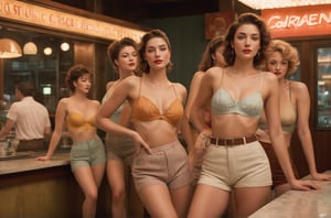 (photograph of a diner scene, bar stools at a counter, women dancing groovy, various dancing poses, eyes closed, entranced by the music. Women wearing various summer outfits including shorts and skirts, visible legs crossed or extended, hairstyles and hats typical of the 1990s, countertop displays a cake stand and other items, floor is terrazzo, LIFE magazine watermark in the bottom right corner, atmosphere is casual and social)
, nipples poking through fabric, nipples very prominent poking through fabric, under soft lighting, 
Extremely Realistic, art by sargent, PORTRAIT PHOTO, 
Aligned eyes,  Iridescent Eyes,  (blush,  eye_wrinkles:0.6),  (goosebumps:0.5),  subsurface scattering,  ((skin pores)),  (detailed skin texture),  (( textured skin)),  realistic dull (skin noise),  visible skin detail,  skin fuzz,  dry skin,  hyperdetailed face,  sharp picture,  sharp detailed,  (((analog grainy photo vintage))),  Rembrandt lighting,  ultra focus,  illuminated face,  detailed face,  8k resolution,,
Extremely Realistic, art by sargent, PORTRAIT PHOTO, 
Aligned eyes,  Iridescent Eyes,  (blush,  eye_wrinkles:0.6),  (goosebumps:0.5),  subsurface scattering,  ((skin pores)),  (detailed skin texture),  (( textured skin)),  realistic dull (skin noise),  visible skin detail,  skin fuzz,  dry skin,  hyperdetailed face,  sharp picture,  sharp detailed,  (((analog grainy photo vintage))),  Rembrandt lighting,  ultra focus,  illuminated face,  detailed face,  8k resolution,






