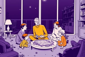 An editorial illustration of a family sitting on the floor playing a board game inside their cosy apartment. The father explains the rules, while the mother and children listen attentively, their faces lit with soft amusement. The room feels intimate, with dim lighting creating a sense of calm warmth.

Appearance:
The father wears a casual turtleneck and glasses, the mother in a comfy oversized sweater, and the children in colorful pajamas. Their body language is relaxed, leaning slightly toward the game.

Setting:
The abstract outlines of a furnished living room with a round coffee table, scattered bookshelves, and soft cushions. The window shows the night sky, with a soft glow of moonlight spilling in.

Mood:
Warm and serene, the scene conveys familial bonding and quiet joy. The muted tones and warm lighting evoke comfort and connection.

Era:
Modern-day, with subtle hints of mid-century furniture design.

Perspective:
Overhead view, looking down at the game and the family, capturing their closeness and the centeredness of the board game in their activity.

Background:
Duotone image in purple (bg) and yellow and white with dark purple line technique.
Chaotic painted blob in dark orange watercolor, with monochrome warm soft tints color palette.

Style of satoshi hashimoto, satomic.