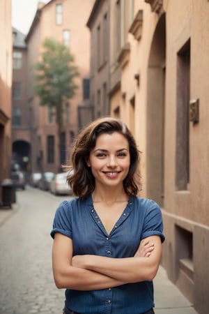 Young adult woman, (Caucasian ethnicity), slim build, (confident smile), urban street background, (short-sleeved blue blouse), (dark denim jeans), (medium-length brunette hair), (relaxed pose), hands gently clasped in front, bright expression, clear skin, casual fashion, daytime, natural light, (content demeanor). 
JuggernautNegative, Movie Still, Film Still, Cinematic, Cinematic Shot, Cinematic Lighting, badquality.
Aligned eyes,  Iridescent Eyes,  (blush,  eye_wrinkles:0.6),  (goosebumps:0.5),  subsurface scattering,  ((skin pores)),  (detailed skin texture),  (( textured skin)),  realistic dull (skin noise),  visible skin detail,  skin fuzz,  dry skin,  hyperdetailed face,  sharp picture,  sharp detailed,  (((analog grainy photo vintage))),  Rembrandt lighting,  ultra focus,  illuminated face,  detailed face,  8k resolution,Extremely Realistic, 