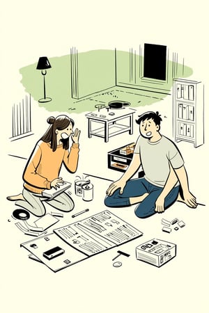 An editorial illustration of a couple sitting on the floor, assembling furniture inside their apartment. Instructions and tools are scattered around, and both laugh in frustration at their confusion.

Appearance:
The man wears a plain t-shirt and jeans, while the woman is dressed in leggings and a sweatshirt. Both are barefoot, with their hair slightly messy from working.

Setting:
A small, bright apartment with abstract lines hinting at partially assembled furniture, a coffee table, and boxes of parts strewn around.

Mood:
Lighthearted and humorous, the scene conveys the chaos and joy of home-building together. Warm tones and soft lighting enhance the cozy atmosphere.

Era:
Contemporary.

Perspective:
Over-the-shoulder view, focusing on the instructions and tools as they figure out the next steps.

Background:
Chaotic painted blob in dark green watercolor, with monochrome warm soft tints color palette.
. Style of satoshi hashimoto, satomic.