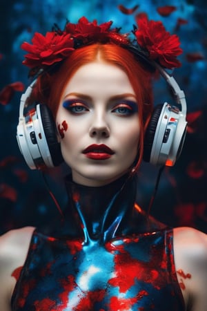 (portrait of a female cyborg), pale complexion, (vibrant red eyeshadow and lipstick), cybernetic headphones, elegant, red flowers in hair, (dynamic red, white, and black splashes), metallic orange-red clothing, (abstract blue background with light effects). image depicts a striking portrait of a female figure with cyborg elements. She has a pale complexion with dramatic makeup featuring vibrant red eyeshadow and lipstick. There are noticeable cybernetic components attached to her head, resembling headphones or headgear, which give her a robotic appearance. Her expression is neutral, with a hint of elegance, amplified by the presence of what appears to be red-colored flowers adorned in her hair. The colors are rich and contrasted, with splashes and drips of paint, primarily in shades of red, white, and black, creating a dynamic and somewhat chaotic effect around her. Her clothing or shoulder area is a glossy, metallic orange-red color, which complements the overall color scheme of the image. The background is abstract, with hints of blue and light that suggest depth and complexity.

, ((Wide shot,low perspective, full body shot)), polaroid photo of a redhead woman hitchhiking on a road, warm tones, perfect landscape, 
,Extremely Realistic