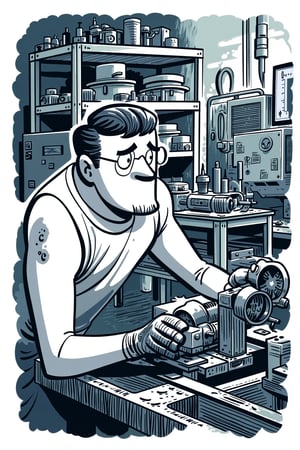 A cartoon illustration of a male machinist operating a lathe in a workshop. His eyes are narrowed in concentration as he precisely shapes a metal part.

Appearance:
The machinist wears a sleeveless work shirt, safety glasses, and gloves. His hands firmly grip the machine's controls, and his expression reflects deep focus. Sweat beads on his brow as he works in the heat of the shop.

Setting:
A busy machine shop with abstract lines depicting shelves filled with metal parts, various machines, and tools. The lathe is the centerpiece, casting shadows under the bright industrial lighting.

Mood:
Intense and meticulous, the scene captures the precision and skill required in metalworking.

Era:
Modern, though the lathe hints at traditional craftsmanship.

Perspective:
Profile view, showing the machinist's intense focus on the lathe, with metal shavings flying as he works.

Background:
Chaotic painted blob in dark steel blue and muted gray watercolor, with monochrome cool soft tints color palette.
. Style of satoshi hashimoto, satomic.