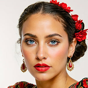 Medium frontal shot of a Mexican flamenco dancer, 29 years old, exuding a fiery passion and grace, with a sharp, intense face, highlighted in the (left side of the frame). , white background, 27 years old, hair bun, big round blue eyes, long black hair color, blonde, round face, very thin lips
,PORTRAIT PHOTO

Aligned eyes, Iridescent Eyes, (blush, eye_wrinkles:0.6), (goosebumps:0.5), subsurface scattering, ((skin pores)), detailed skin texture, textured skin, realistic dull skin noise, visible skin detail, skin fuzz, dry skin, hyperdetailed face, sharp picture, sharp detailed, analog grainy photo vintage, Rembrandt lighting, ultra focus, illuminated face, detailed face, 8k resolution