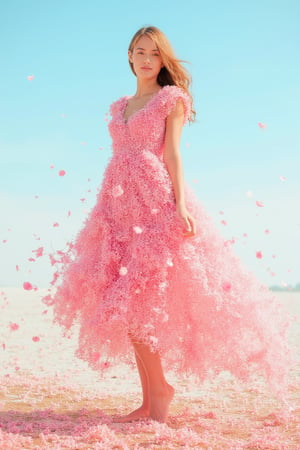 A bright, engaging scene of a detailed photorealistic color pencil illustration, A young woman standing gracefully in a dress made entirely of rose petals. The petals seem to flutter in a gentle breeze, creating a flowing, ethereal look. She’s barefoot, standing on a field of scattered rose petals, her face calm and serene. The background is minimal, allowing the rose petal dress to take center stage, coloring page, bold outlines, glossy digital art, f/22, wide depth of field, sharp details, clean blue sky background. The atmosphere is playful, with natural light . Colors should be vibrant, with a focus on blues, greens, and yellows, emphasizing joy . high-resolution photography, stock photo precise, homemade , analog, cell phone cameras