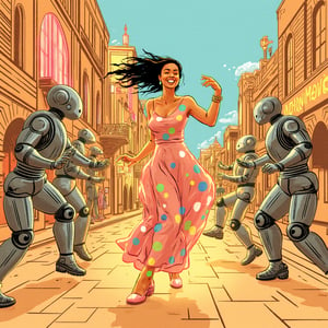 illustration by,lmendo,

A vibrant scene of a woman dancing energetically with a group of humanoid robots in a whimsical cookie town. The town features cookie-shaped buildings and cobblestone streets made of chocolate chips. The woman is dressed in a colorful, flowing outfit, illuminated by soft, warm lighting that highlights her joyful expression and fluid movements. The robots, with sleek metallic surfaces, mirror her dance steps with precision. The composition captures the dynamic interaction between the organic and the mechanical, set against the fantastical backdrop of the cookie town.
