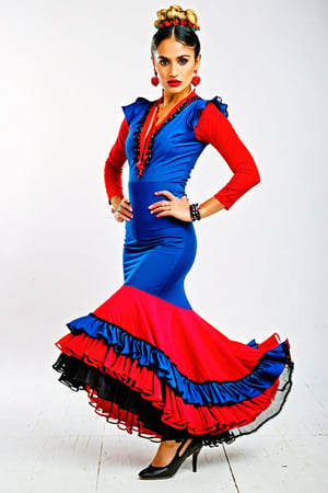 ((wide shot)), ((long shot)), frontal full-body shot of a Mexican flamenco dancer, 29 years old, exuding a fiery passion and grace, with a sharp, intense face, highlighted in the (left side of the frame). , white background, 27 years old, hair bun, big round blue eyes, long black hair color, blonde, round face, very thin lips, great body, nice legs, black shoes,  punk background, defiance pose, mesmerizing scene, colorful, intricate details, (soft light, high sharpness, RAW photo, hyperdetailed, HDR:1.2)
