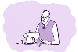 A cartoon illustration of a man sitting at a sewing machine, wearing a tailored vest and glasses. He’s focused on stitching a piece of fabric, thread spools scattered around. Minimal abstract lines suggest the workspace, with a muted purple watercolor blob background. Monochrome warm soft tints color palette. Style of satoshi hashimoto, satomic.
