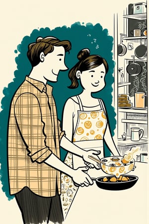 A cartoon illustration of a man and a woman preparing dinner in their small kitchen. The man chops vegetables while the woman stirs a pot, both sharing a quiet smile, their body language suggesting comfort in the routine.

Appearance:
The man wears a simple flannel shirt, sleeves rolled up, while the woman is in a floral dress and apron. Both have slightly tousled hair, adding to the informal, relaxed vibe of the scene.

Setting:
A compact kitchen with abstract outlines of countertops, pots hanging on hooks, and a window cracked open to let in the night air. Steam rises from the pot, reflecting the warmth of their home.

Mood:
Cozy and intimate, the soft lighting and warm tones give the scene a sense of everyday calm and companionship.

Era:
Contemporary, with elements of rustic design.

Perspective:
Side view, slightly above eye level, focusing on their shared activity and subtle smiles.

Background:
Chaotic painted blob in dark teal watercolor, with monochrome warm soft tints color palette. Style of satoshi hashimoto, satomic.