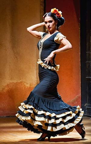 (wideshot), (long shot ), ((full body)) 
Side view of a Mexican flamenco dancer, 29 years old, exuding a fiery passion and grace, with a sharp, intense face, highlighted in the (left side of the frame). She's on stage, mid-dance, her body expressing the powerful emotions of flamenco through her fluid, commanding movements.

Her hair, long and sleek black, is pulled back tightly, allowing the focus to be on the sharp angles of her face and the dramatic arch of her neck as she dances. Her gaze is intense and focused, not on the camera but on the space around her, her expression one of deep passion and concentration.

She has a lithe, powerful build. Wearing a (traditional flamenco dress), the fabric rich in color and adorned with ruffles, it flows and spins with her, accentuating every movement. Her feet, in (sturdy flamenco shoes), rhythmically tap and strike the floor, her posture and poise a testament to her skill and the emotional depth of her performance.

((Full body shot)), (full body shown)
Low camera long  shot. (frog perspective shot) In summary, this image captures the essence of inviting and stylish beauty. film grain. grainy. Sony A7III. photo r3al,
,PORTRAIT PHOTO,
Aligned eyes, Iridescent Eyes, (blush, eye_wrinkles:0.6), (goosebumps:0.5), subsurface scattering, ((skin pores)), detailed skin texture, textured skin, realistic dull skin noise, visible skin detail, skin fuzz, dry skin, hyperdetailed face, sharp picture, sharp detailed, 
analog grainy photo vintage, Rembrandt lighting, ultra focus, illuminated face, detailed face, 8k resolution, ,photo r3al,Extremely Realistic