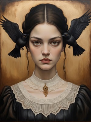 image is an ((oil painting on canvas)) depicting a portrait of a young woman with a (neutral expression), style of Leonardo da Vinci and rene Magritte. Painted with rough and broad loose strokes. She has (dark hair) adorned with what appears to be a (black bird) with its wings spread. Her skin is pale, highlighted with touches of gold and brown, which match the (golden-brown textured background) that has an abstract quality. The woman's eyes are large and soulful, gazing directly at the viewer. She is wearing a (black top) with a (lace collar). The painting has a rustic yet elegant feel, with expressive brushstrokes and visible canvas texture that add to the artistry of the work. steampunk, gothic portrait, painted in the style of esao andrews