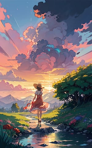anime girl in a pink dress and straw hat walking along a path towards viewer, a digital painting inspired by Makoto Shinkai, pixiv contest winner, digital art, made with anime painter studio, painted in anime painter studio, loli in pink floral dress, flowing dress, makoto shinkai cyril rolando, in style of makoto shinkai, makoto shinkai art style,EpicArt