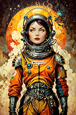 digital art 8k, style, mail art,A creatively illustrated abstract image in vector form of a 1950’s pulp magazine cover art "Junk Tank" is the title logo. It’s a science fiction woman in an astronaut suit, predominately warm analagous colors such as yellow, orange , red, generally vivid and bright but limted color palette, isolated from the background elements so the image is clean, simple and minimalistic, (dark luminescent:1.2) art by Alphonse Mucha, Kinuno Y Craft, Brian Froud, Arthur Rackham, Jean Baptiste Monge,more detail XL, in the style of esao andrews,esao andrews style,vintagepaper