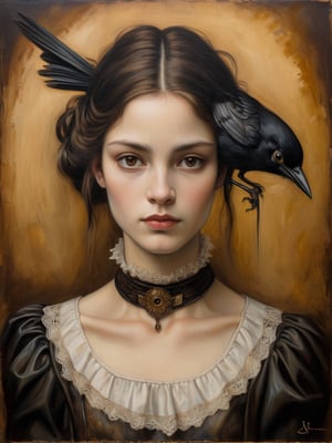 image is an ((oil painting on canvas)) depicting a portrait of a young woman with a (neutral expression), style of Leonardo da Vinci, Renoir. She has (dark hair) adorned with what appears to be a (black bird) with its wings spread. Her skin is pale, highlighted with touches of gold and brown, which match the (golden-brown textured background) that has an abstract quality. The woman's eyes are large and soulful, gazing directly at the viewer. She is wearing a (black top) with a (lace collar). The painting has a rustic yet elegant feel, with expressive brushstrokes and visible canvas texture that add to the artistry of the work. steampunk, gothic portrait, painted in the style of esao andrews