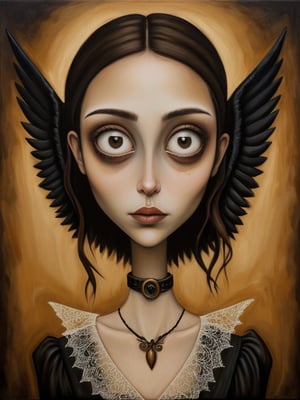 image is an ((oil painting on canvas)) depicting a portrait of a young woman with a (neutral expression), style of Leonardo da Vinci and tim Burton . She has (dark hair) adorned with what appears to be a (black bird) with its wings spread. Her skin is pale, highlighted with touches of gold and brown, which match the (golden-brown textured background) that has an abstract quality. The woman's eyes are large and soulful, gazing directly at the viewer. She is wearing a (black top) with a (lace collar). The painting has a rustic yet elegant feel, with expressive brushstrokes and visible canvas texture that add to the artistry of the work. steampunk, gothic portrait, painted in the style of esao andrews,Tim Burton Style