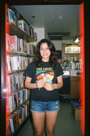 Amateur photography, Casual, noise, high contrast, nice colors, slight motion blur, jpeg artifacts, on flickr in 2007, ,photorealism,realistic lighting, 
(homemade photo, candid shot, natural lighting, {medium shot | close-up}, 

A photography of a beautiful mexican woman with long hair wearing a T-shirt and very short denim shorts in a record store in San Antonio in the 1970s. in 1980s clothes, 1980 N.Y., Bronx, Polaroid photo with frames and scribbles, by Martin Parr + Martha Cooper, documentary photography. This photo was taken with a retro Polaroid camera from the 1970s.

 minimalist studio setting, minimalist, dynamic motion graphics, soft lighting, hyper-realistic rendering, Canon 1Dx camera a strong, focused women in their 20s
. timeless, ethereal quality.,perfect eyes,skin blemish,detailed skin, flfmt,2007 blog,2005 blog