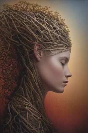 
A side profile of a human head, its exterior crumbled like aged stone, revealing an intricate network of branches or veins within. The head seems to be merging with or emerging from a fragmented, columnar structure reminiscent of classical ruins.
The fashion is a paradoxical mix of high couture in serene grace and dystopian complexity, inspired by Escher's paradoxical art and Gric's hyperrealistic style (gric style:1.15). The attire, flowing with Escher-inspired fabrics, shifts between soothing azure and ominous dark purples, accented with deep tones of red. This scene unfolds in a mystical garden that merges enchanting twilight hues with an eerie, moonlit forest ambiance. The model, positioned at the heart of this juxtaposition, wears an outfit that captures the ethereal beauty of serene dreams while echoing the sinuous lines of a nightmarish landscape. The surrounding foliage is lush yet ghostly, alive with a mix of tranquil and unsettling energies. The lighting, a blend of soft, ambient twilight and subtle, uncanny glows, casts the face in a light that is both tranquil and haunting. The expression captures a profound contemplation, an otherworldly elegance touched by a sense of dark, macabre beauty. This portrait, embodying both peaceful serenity and dark allure, plays with perspective and fluidity, contrasting the structured complexity of fashion with the effortless, albeit eerie, grace of nature. The color palette, rich in dark purples and varying shades of red, adds depth and intensity to this hyperrealistic
PORTRAIT PHOTO,stalker, very specific pose ,Gric, Aligned eyes,  Iridescent Eyes,  (blush,  eye_wrinkles:0.6),  (((textured skin))), (goosebumps:0.5),  subsurface scattering,  ((skin pores)),  (detailed skin texture),  (( textured skin)),  realistic dull (skin noise),  visible skin detail,  skin fuzz,  dry skin,  hyperdetailed face,  sharp picture,  sharp detailed,  (((analog grainy photo vintage))),  Rembrandt lighting,  ultra focus,  illuminated face,  detailed face,  8k resolution,