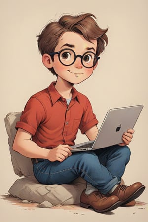 vintage comic book ((illustration)), 
(Brown-haired guy with a round face, wearing round glasses, sitting down, ((holding a laptop on one hand)), and ((typing with the other hand))) in a (mid-20th-century cartoon illustration style). The male character has (simple, stylized features) with (small dot eyes and a gentle smile), wearing a red shirt and blue jeans pants. The hair is (brown, represented with simple, playful shapes). The boy appears (joyful and innocent), with a (retro aesthetic reminiscent of 1950s and 1960s children's book illustrations). The background is (minimalistic, focusing on the character) with (flat, solid colors typical of offset printing). The overall mood is (cheerful and nostalgic), capturing the (essence of vintage children's illustrations). rubber_hose_character, children's picture books,, detailed gorgeous face, exquisite detail, ((full body)), 30-megapixel, 4k, Flat vector art, Vector illustration, Illustration, ,,rubber_hose_character,,vintagepaper,,,,,,,,<lora:659095807385103906:1.0>