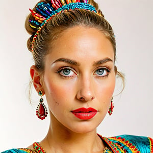 Medium frontal shot of a Mexican flamenco dancer, 29 years old, exuding a fiery passion and grace, with a sharp, intense face, highlighted in the (left side of the frame). , white background, 27 years old, hair bun, big round blue eyes, light brown hair color, blonde, round face, very thin lips
,PORTRAIT PHOTO

Aligned eyes, Iridescent Eyes, (blush, eye_wrinkles:0.6), (goosebumps:0.5), subsurface scattering, ((skin pores)), detailed skin texture, textured skin, realistic dull skin noise, visible skin detail, skin fuzz, dry skin, hyperdetailed face, sharp picture, sharp detailed, analog grainy photo vintage, Rembrandt lighting, ultra focus, illuminated face, detailed face, 8k resolution