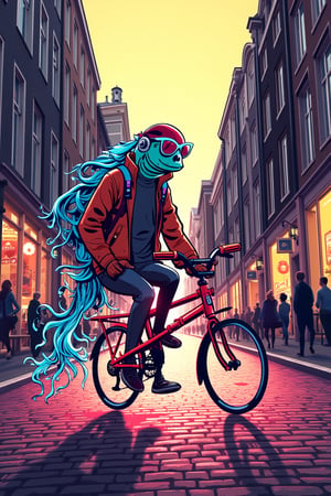 A vibrant, colorful illustration by Satoshi depicts a futuristic seabass, donning a miniature helmet and sunglasses, effortlessly pedaling a sleek, neon-lit bicycle down a bustling street in the charming city of Amsterdam. The evening sunlight casts a warm glow on the cobblestone pavement, while the cyclist's finned tail and flowing seaweed-like locks trail behind, leaving a mesmerizing path of iridescent sparks.