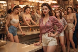 (photograph of a diner scene, bar stools at a counter, women dancing groovy, various dancing poses, eyes closed, entranced by the music. Women wearing various summer outfits including shorts and skirts, visible legs crossed or extended, hairstyles and hats typical of the 1990s, countertop displays a cake stand and other items, floor is terrazzo, LIFE magazine watermark in the bottom right corner, atmosphere is casual and social)
, nipples poking through fabric, nipples very prominent poking through fabric, under soft lighting, 
Extremely Realistic, art by sargent, PORTRAIT PHOTO, 
Aligned eyes,  Iridescent Eyes,  (blush,  eye_wrinkles:0.6),  (goosebumps:0.5),  subsurface scattering,  ((skin pores)),  (detailed skin texture),  (( textured skin)),  realistic dull (skin noise),  visible skin detail,  skin fuzz,  dry skin,  hyperdetailed face,  sharp picture,  sharp detailed,  (((analog grainy photo vintage))),  Rembrandt lighting,  ultra focus,  illuminated face,  detailed face,  8k resolution,,
Extremely Realistic, art by sargent, PORTRAIT PHOTO, 
Aligned eyes,  Iridescent Eyes,  (blush,  eye_wrinkles:0.6),  (goosebumps:0.5),  subsurface scattering,  ((skin pores)),  (detailed skin texture),  (( textured skin)),  realistic dull (skin noise),  visible skin detail,  skin fuzz,  dry skin,  hyperdetailed face,  sharp picture,  sharp detailed,  (((analog grainy photo vintage))),  Rembrandt lighting,  ultra focus,  illuminated face,  detailed face,  8k resolution,






