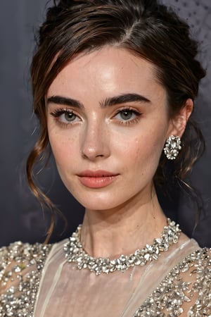 lily Collins, cute hair updo, emily in paris, breathtaking  Portrait+ RAW photo of female dancer . cinematic lighting, dark and moody style, award-winning, professional, hires 64k, intricate details, highly detailed, UHD, professional fashion photoshoot,  hyperrealistic,  masterpiece,  trending on artstation, krrrsty, Extremely Realistic, art by sargent, PORTRAIT PHOTO, 
Aligned eyes,  Iridescent Eyes,  (blush,  eye_wrinkles:0.6),  (goosebumps:0.5),  subsurface scattering,  ((skin pores)),  (detailed skin texture),  (( textured skin)),  realistic dull (skin noise),  visible skin detail,  skin fuzz,  dry skin,  hyperdetailed face,  sharp picture,  sharp detailed,  (((analog grainy photo vintage))),  Rembrandt lighting,  ultra focus,  illuminated face,  detailed face,  8k resolution,