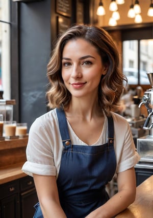 Café view of a French barista, 27 years old, combining everyday charm with a hint of seductive flair, with a warm, engaging face, working behind the counter of a quaint Parisian coffee shop. She's preparing an espresso, her movements fluid and inviting, a playful smile playing on her lips as she engages with customers.

Her hair, shoulder-length and chestnut brown, is styled in a loose, effortless wave, giving her a relaxed yet enticing look. Her eyes, bright and flirtatious, meet those of her customers, sharing a moment of connection, her lips parting in a friendly, captivating smile.

She has a slim, approachable build. Dressed in a (stylish, form-fitting apron) over a (casual, chic blouse) and (skinny jeans), her outfit is both practical for her job and subtly alluring. Her feet, in (comfortable, fashionable sneakers), move easily around the café, her presence a blend of professional efficiency and playful charm.
 8k uhd, dslr, soft lighting, high quality, film grain, Fujifilm XT3, high quality photography, 3 point lighting, flash with softbox, 4k, Canon EOS R3, hdr, smooth, sharp focus, high resolution, award winning photo, 80mm, f2.8, bokeh, (Highest Quality, 4k, masterpiece, Amazing Details:1.1), film grain, Fujifilm XT3, photography,
detailed eyes, epic, dramatic, fantastical, full body, intricate design and details, dramatic lighting, hyperrealism, photorealistic, cinematic, 8k, detailed face. Extremely Realistic, art by sargent, PORTRAIT PHOTO, Aligned eyes, Iridescent Eyes, (blush, eye_wrinkles:0.6), (goosebumps:0.5), subsurface scattering, ((skin pores)), (detailed skin texture), (( textured skin)), realistic dull (skin noise), visible skin detail, skin fuzz, dry skin, hyperdetailed face, sharp picture, sharp detailed, (((analog grainy photo vintage))), Rembrandt lighting, ultra focus, illuminated face, detailed face, 8k resolution
,photo r3al,Extremely Realistic,aw0k euphoric style,PORTRAIT PHOTO,Enhanced Reality