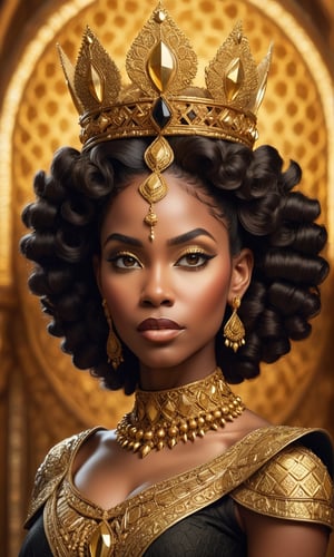 The image shows a Black woman with a regal bearing, wearing an ornate golden crown with spiked embellishments and intricate textures. Her makeup is immaculate, featuring neutral tones that complement her golden jewelry, which includes large earrings and a matching choker. Her attire suggests royal or ceremonial significance, with golden, textured patterns resembling scales or honeycomb designs across the shoulders. The background is dark, highlighting her and the golden tones of her attire. Her gaze is direct and confident, and her posture is upright, exuding a sense of nobility and strength.