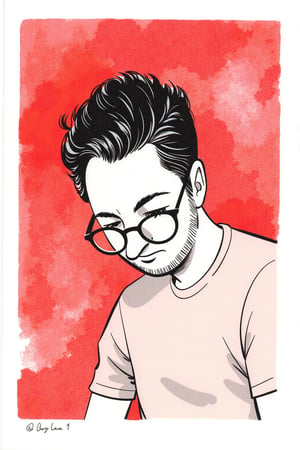 An editorial illustration of a guy, tmhrmns, dressed in a casual but chic outfit, close-up of his face and a bit upper body. his brow is furrowed in concentration,
The man wears a trendy tight t-shirt. He has a pair of stylish round dark-framed glasses perched on his nose, his body language absorbed in his work.
Mood:
Focused and calm, with a creative energy reflected in the soft lighting and pastel hues.
Era:
Contemporary.


Background:
Chaotic painted watercolor in pale red watercolor, with monochrome soft tints color palette.


. Style of satoshi hashimoto, satomic.,tmhrmns