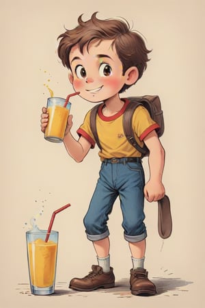 vintage comic book ((illustration)), 
(Brown-haired boy with a round face, drinking from a glass with a yellow beverage through a straw) in a (mid-20th-century cartoon illustration style). The male child character has (simple, stylized features) with (small dot eyes and a gentle smile), wearing a red shirt and blue jeans pants. The hair is (brown, represented with simple, playful shapes). The boy appears (joyful and innocent), with a (retro aesthetic reminiscent of 1950s and 1960s children's book illustrations). The background is (minimalistic, focusing on the character) with (flat, solid colors typical of offset printing). The overall mood is (cheerful and nostalgic), capturing the (essence of vintage children's illustrations). rubber_hose_character, children's picture books,, detailed gorgeous face, exquisite detail, ((full body)), 30-megapixel, 4k, Flat vector art, Vector illustration, Illustration, ,,rubber_hose_character,,vintagepaper,,,,,,<lora:659095807385103906:1.0>