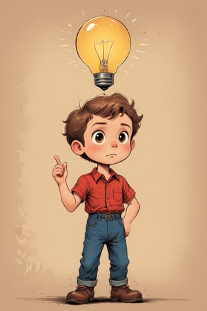 vintage comic book ((illustration)), 
(Brown-haired boy with a round face, having a lightbulb eureka moment of realisation, an actual lightbulb appears above his head) in a (mid-20th-century cartoon illustration style). The male child character has (simple, stylized features) with (small dot eyes and a gentle smile), wearing a red shirt and blue jeans pants. The hair is (brown, represented with simple, playful shapes). The boy appears (joyful and innocent), with a (retro aesthetic reminiscent of 1950s and 1960s children's book illustrations). The background is (minimalistic, focusing on the character) with (flat, solid colors typical of offset printing). The overall mood is (cheerful and nostalgic), capturing the (essence of vintage children's illustrations). rubber_hose_character, children's picture books,, detailed gorgeous face, exquisite detail, ((full body)), 30-megapixel, 4k, Flat vector art, Vector illustration, Illustration, ,,rubber_hose_character,,vintagepaper,,,,,,,<lora:659095807385103906:1.0>