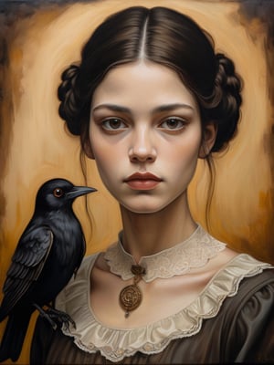 image is an ((oil painting on canvas)) depicting a portrait of a young woman with a (neutral expression), style of Leonardo da Vinci and rene Magritte. She has (dark hair) adorned with what appears to be a (black bird) with its wings spread. Her skin is pale, highlighted with touches of gold and brown, which match the (golden-brown textured background) that has an abstract quality. The woman's eyes are large and soulful, gazing directly at the viewer. She is wearing a (black top) with a (lace collar). The painting has a rustic yet elegant feel, with expressive brushstrokes and visible canvas texture that add to the artistry of the work. steampunk, gothic portrait, painted in the style of esao andrews