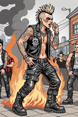 (pixel style), of a London Punk Rocker: Underground gig, moshing with fans, Mohawk, intense hazel eyes, tattooed skin, energetic performance, studded leather vest, plaid trousers, heavy-duty boots, fire, smoke, illustration 