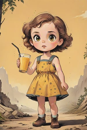 vintage comic book ((illustration)), by ((Milton caniff)),
(Brown-haired child with a round face, drinking from a glass with a yellow beverage through a straw) in a (mid-20th-century cartoon illustration style). The character has (simple, stylized features) with (small dot eyes and a gentle smile). The hair is (brown, represented with simple, playful shapes). The boy appears (joyful and innocent), with a (retro aesthetic reminiscent of 1950s and 1960s children's book illustrations). The background is (minimalistic, focusing on the character) with (flat, solid colors typical of offset printing). The overall mood is (cheerful and nostalgic), capturing the (essence of vintage children's illustrations). rubber_hose_character, children's picture books,, detailed gorgeous face, exquisite detail, ((full body)), 30-megapixel, 4k, Flat vector art, Vector illustration, Illustration, ,,rubber_hose_character,,vintagepaper,,,,,,<lora:659095807385103906:1.0>