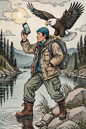 a Canadian Wildlife Photographer: Riverside, photographing eagle, waterproof jacket, cargo pants, waterproof boots, illustration, comic, epic light,Ukiyo-e