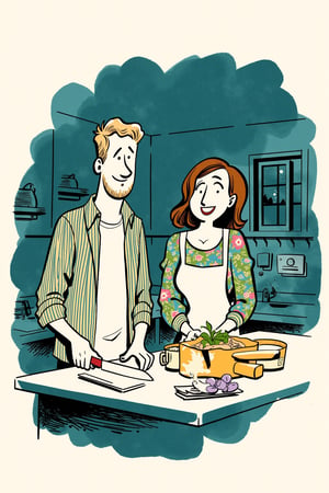 A cartoon illustration of a man and a woman preparing dinner in their small kitchen. The man chops vegetables while the woman stirs a pot, both sharing a quiet smile, their body language suggesting comfort in the routine.

Appearance:
The man wears a simple flannel shirt, sleeves rolled up, while the woman is in a floral dress and apron. Both have slightly tousled hair, adding to the informal, relaxed vibe of the scene.

Setting:
A compact kitchen with abstract outlines of countertops, pots hanging on hooks, and a window cracked open to let in the night air. Steam rises from the pot, reflecting the warmth of their home.

Mood:
Cozy and intimate, the soft lighting and warm tones give the scene a sense of everyday calm and companionship.

Era:
Contemporary, with elements of rustic design.

Perspective:
Side view, slightly above eye level, focusing on their shared activity and subtle smiles.

Background:
Chaotic painted blob in dark teal watercolor, with monochrome warm soft tints color palette. Style of satoshi hashimoto, satomic.